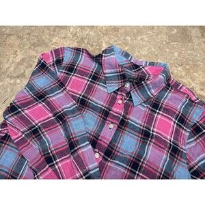 Talbots Women's Pink Blue Plaid Metallic Long Sleeve Button Up Shirt  , Size L